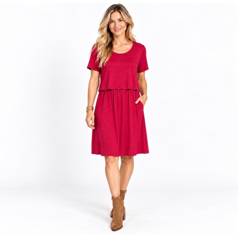 NWT J.Jill Sangria Red Slub Knit Layered Look Short Sleeve Midi Dress Large